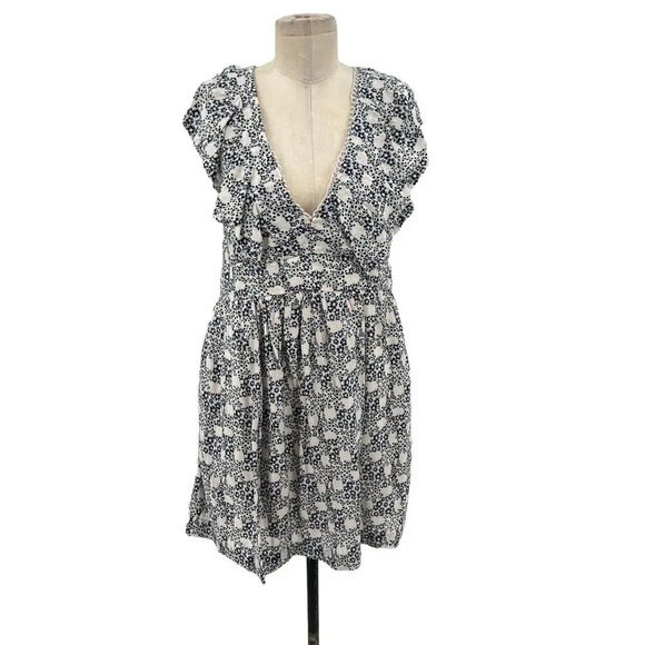 Anthropologie Tunic Mini‎ Dress Floral Print V-Neck Plunge Blue White Size Small - Picture 2 of 12